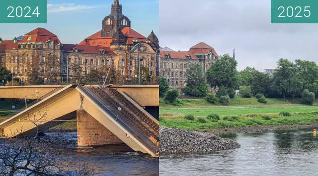 Before-and-after picture of Carolabrücke Dresden between 2024-Nov-09 and 2025-Jul-26