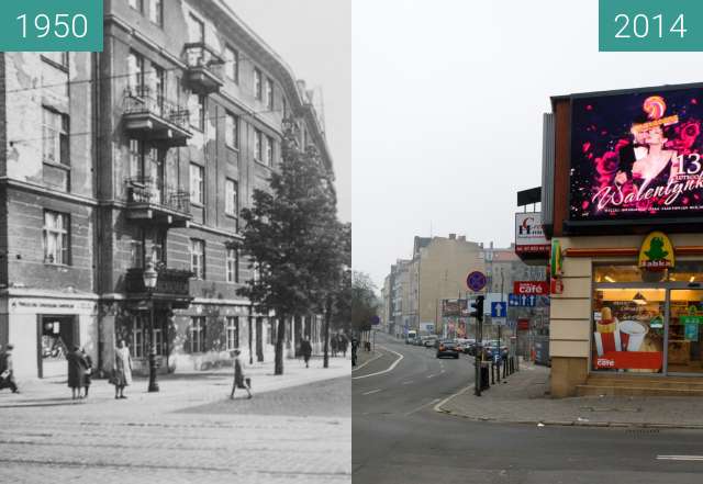 Before-and-after picture of Ulica Krakowska between 1950-Aug-12 and 2014-Aug-12