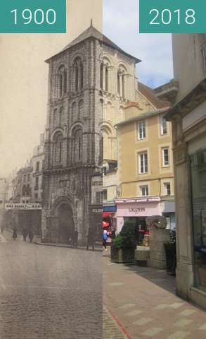 Before-and-after picture of Rue Gambetta / Église St. Porchaire between 1900 and 2018-Jul-18