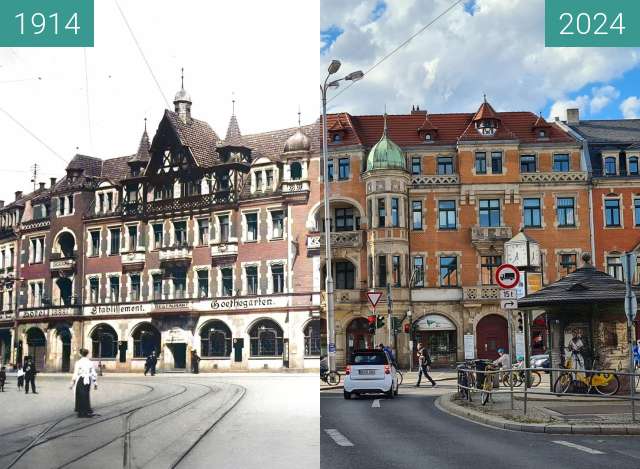 Before-and-after picture of Schillerplatz in Dresden between 1914 and 2024-Apr-27