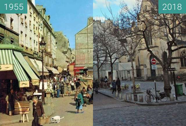Image avant-après de Le bas de la rue Mouffetard en avril 1955 entre 04.1955 et 04/02/2018