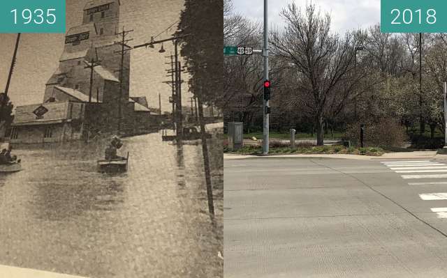 Before-and-after picture of Locust Street, North Lawrence between 06/1935 and 2018-Apr-22