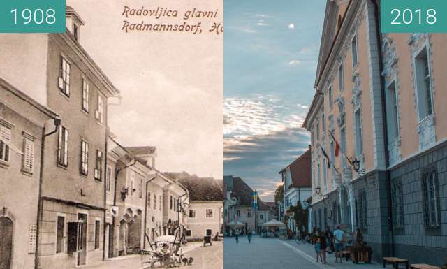 Before-and-after picture of Linhart Square between 1908 and 2018-Aug-15