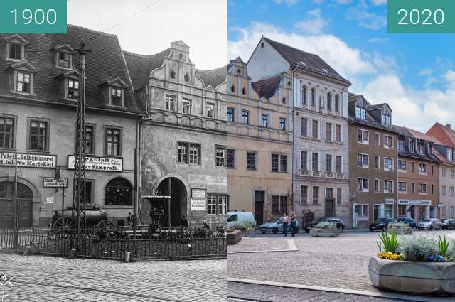 Before-and-after picture of Eselsbrunnen Halle between 1900 and 2020-Apr-26