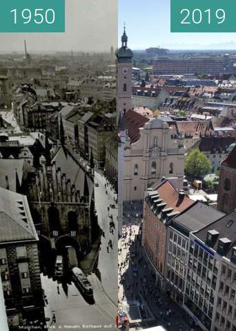 Before-and-after picture of München: Blick vom Neuen Rathaus zum Alten Rathaus between 1950 and 2019-Sep-04