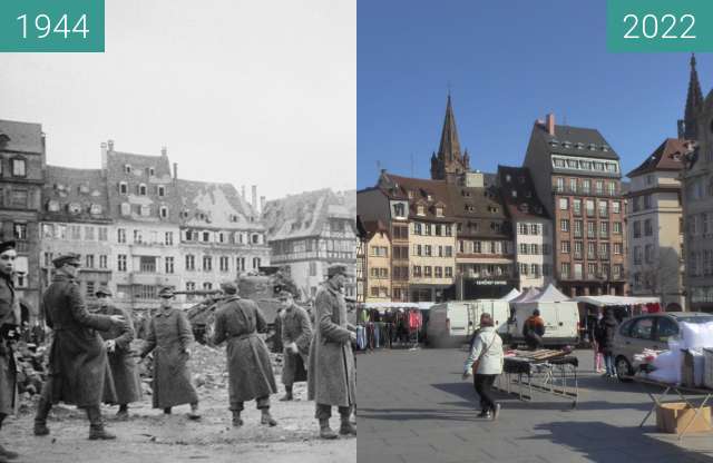 Before-and-after picture of Strasbourg Place Kléber, German prisoners between 11/1944 and 03/2022