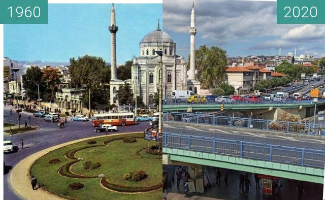 Before-and-after picture of Laleli Mosque between 1960 and 2020