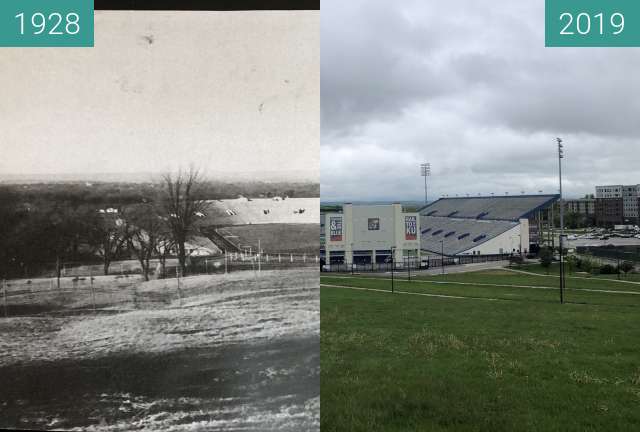 Before-and-after picture of Memorial Stadium University of Kansas between 1928 and 2019-May-07