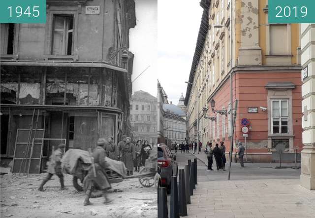 Image avant-après de Budapest, Szervita tér 1945 - 2019 entre 01.1945 et 30/04/2019