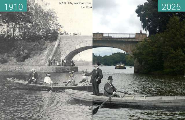 Before-and-after picture of Le pont de Sucé - montage between 1910 and 2025