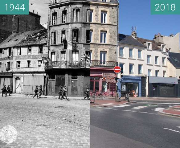 Before-and-after picture of Cherbourg 1944 - Normandy between 06/1944 and 2018-May-04
