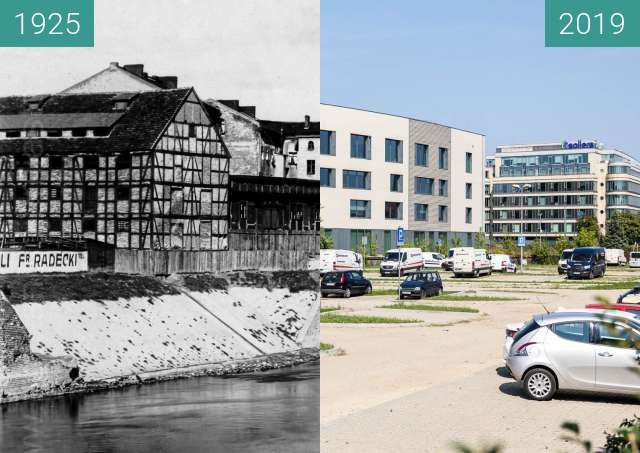 Before-and-after picture of Port rzeczny w starym korycie Warty between 1925 and 2019