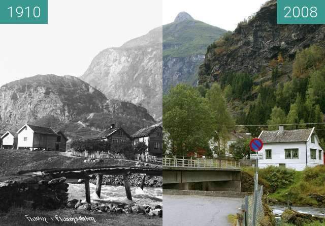 Image avant-après de Flåmsdalen entre 1910 et 2008