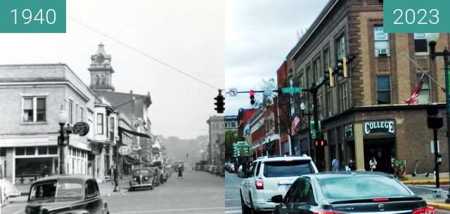Before-and-after picture of Court and Union Intersection in Athens, Ohio between 1940 and 2023-Apr-24