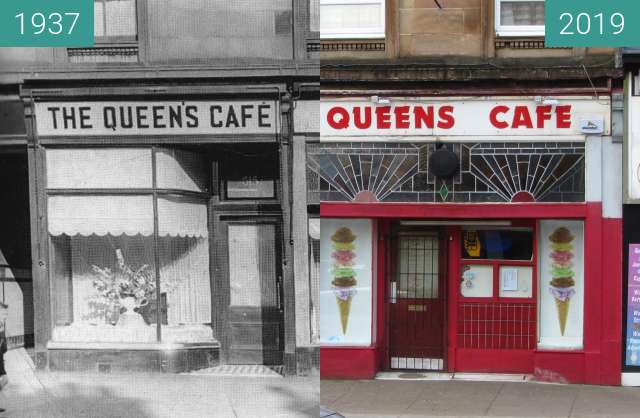 Before-and-after picture of Queen's Cafe between 1937 and 2019-Mar-24