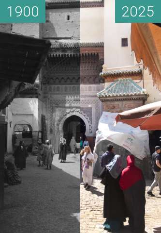 Before-and-after picture of Place Nejjarine between 1921 and 05/2025