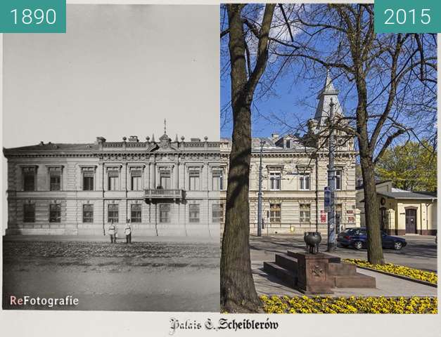 Before-and-after picture of Scheibler Family Palace between 1890 and 2015