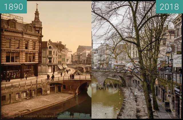 Before-and-after picture of The Oude Gracht Bakkerbrug, Utrecht, Holland between 1890 and 2018-Jan-28