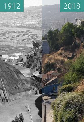Before-and-after picture of Calle Orompello between 1912 and 2018-Dec-15