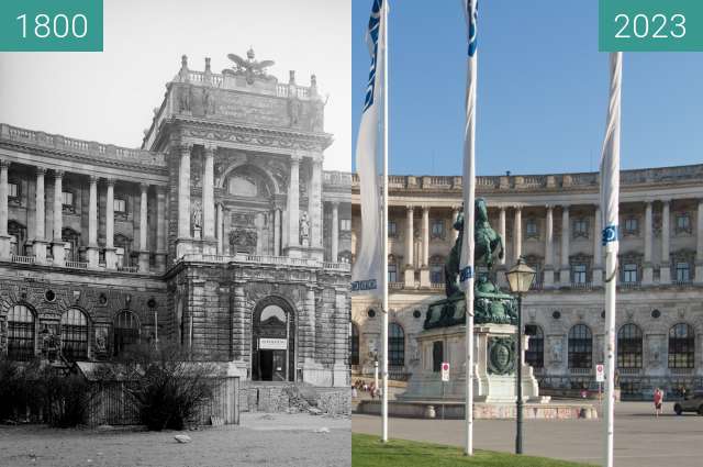 Before-and-after picture of Neue Burg between 1942 and 08/2023