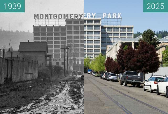 Before-and-after picture of Montgomery Ward/Park Building between 1939 and 2025-May-01