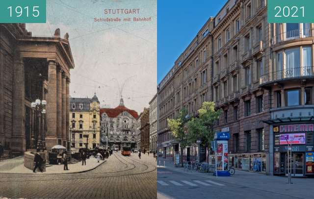 Before-and-after picture of Stuttgart, (alte) Schloßstraße, heute Bolzstraße between 1915 and 2021-Apr-25