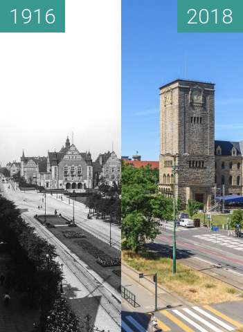 Before-and-after picture of Ulica Św. Marcin between 1916 and 2018-Jun-06