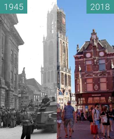 Before-and-after picture of Liberation day vs current state of the city between 1945-May-07 and 2018-Aug-05