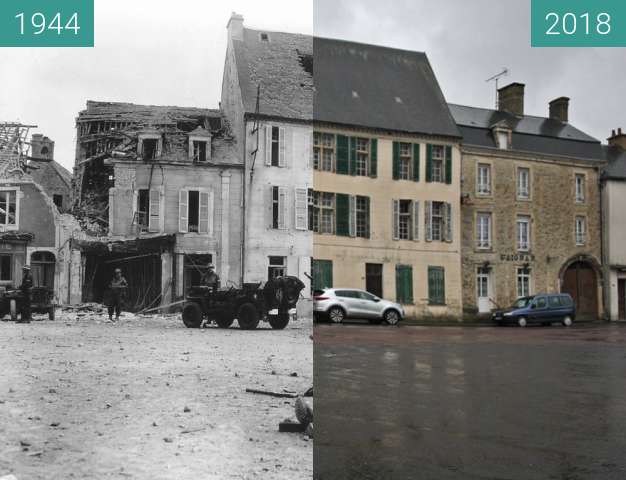 Before-and-after picture of Trévières - Normandy between 06/1944 and 2018-May-01