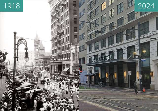 Before-and-after picture of WWI Parade on Main between 1918 and 2024-Apr-29
