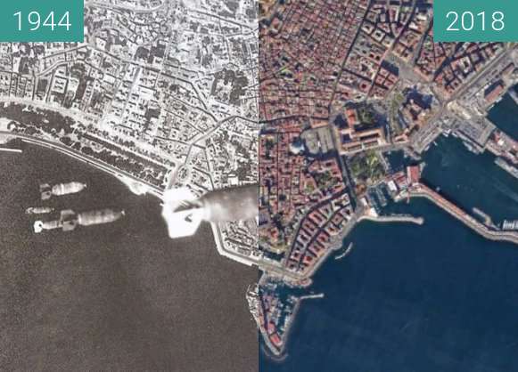 Before-and-after picture of Bombing of Naples between 1944 and 2018