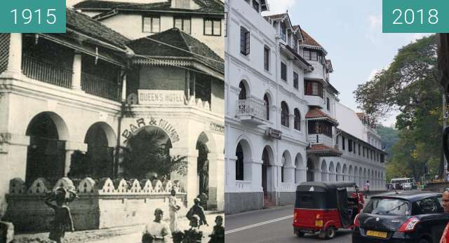 Before-and-after picture of The Queen's Hotel in Kandy between 1915 and 2018-Apr-22