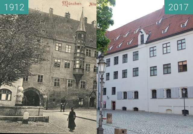 Before-and-after picture of Alter Hof in München between 1912 and 2017-Aug-28