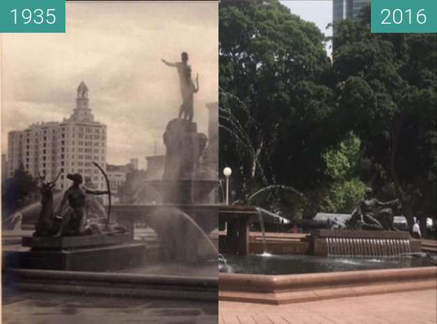 Before-and-after picture of Hyde Park's Archibald Fountain between 1935 and 2016