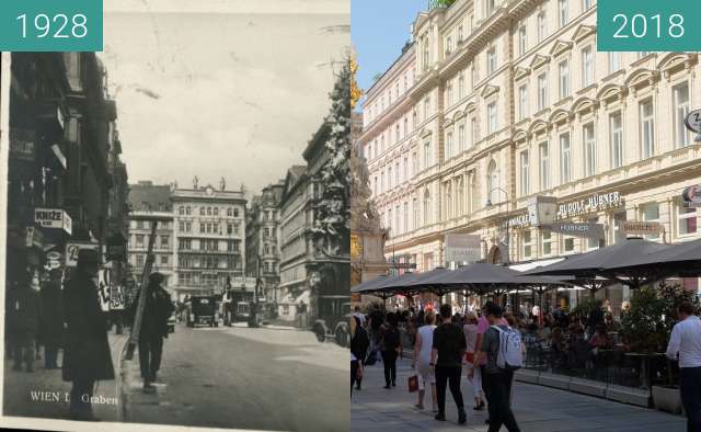 Before-and-after picture of Graben in Wien between 1928 and 2018-Apr-30