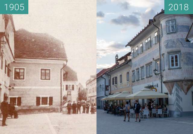 Before-and-after picture of Linhart Square and Josepina Hočevar Memorial between 1905 and 2018-Aug-15
