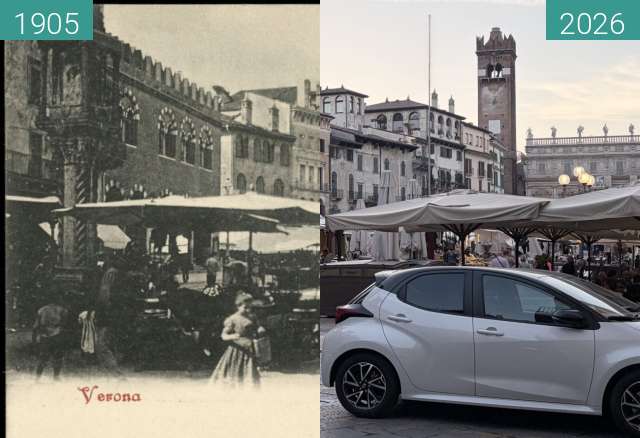 Vorher-Nachher-Bild von Verona - Piazza Erbe zwischen 1905 und 07.09.2026