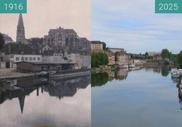 Before-and-after picture of Auxerre, with the banks of the Yonne between 07/1916 and 05/2025
