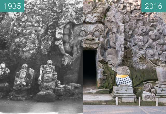 Before-and-after picture of Woman with Children in front of Elephant Cave between 1935 and 2016-Jun-09