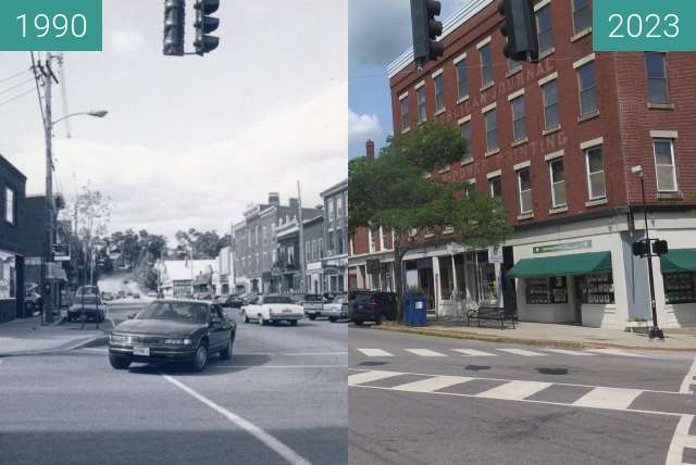Before-and-after picture of High Street Crosswalk, Belfast, ME between 1990 and 2023-Aug-03