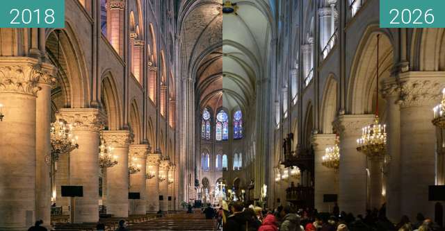 Vorher-Nachher-Bild von Notre Dame vor dem Brand und nach der Restaurierung zwischen 28.04.2018 und 02.2026