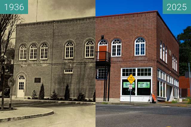 Before-and-after picture of Historic City Hall, West Linn, Oregon between 1936 and 2025-Aug-12