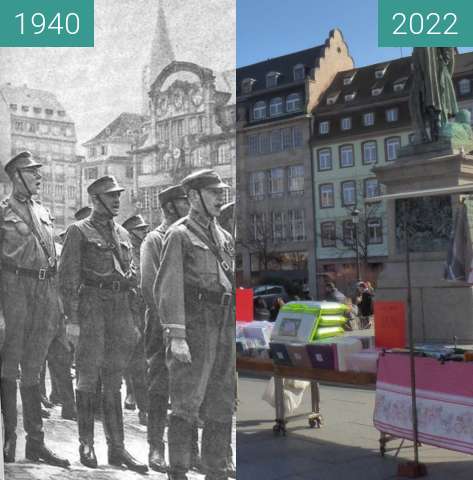 Before-and-after picture of Strasbourg Place Kléber, German troops between 1940 and 03/2022