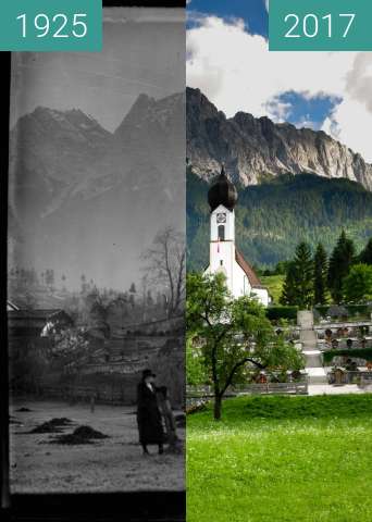 Vorher-Nachher-Bild von Pfarrkirche St. Johannes der Täufer in Obergrainau zwischen 1925 und 26.06.2017