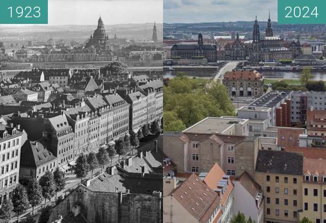 Before-and-after picture of Neustädter Markt 1923 between 1923 and 2024-Apr-22