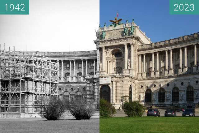 Before-and-after picture of Neue Burg between 1942 and 08/2023