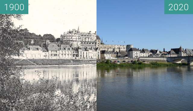 Before-and-after picture of Amboise from the Loire between 1900 and 06/2020