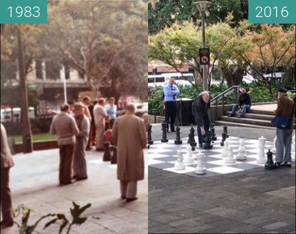 Before-and-after picture of Chess in Hyde Park between 1983 and 2016