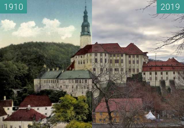 Before-and-after picture of Zámek Weesenstein between 1910 and 2019-Dec-26