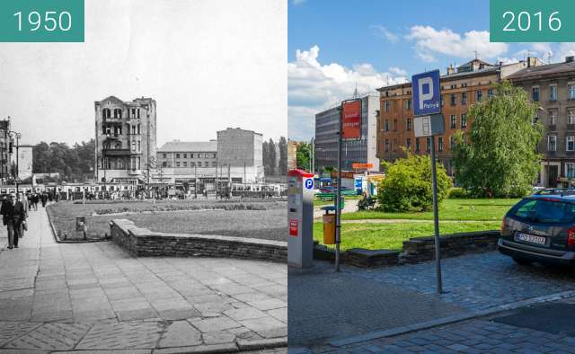 Before-and-after picture of Corner of the Saint Martin and Wysoka streets between 1950 and 2016